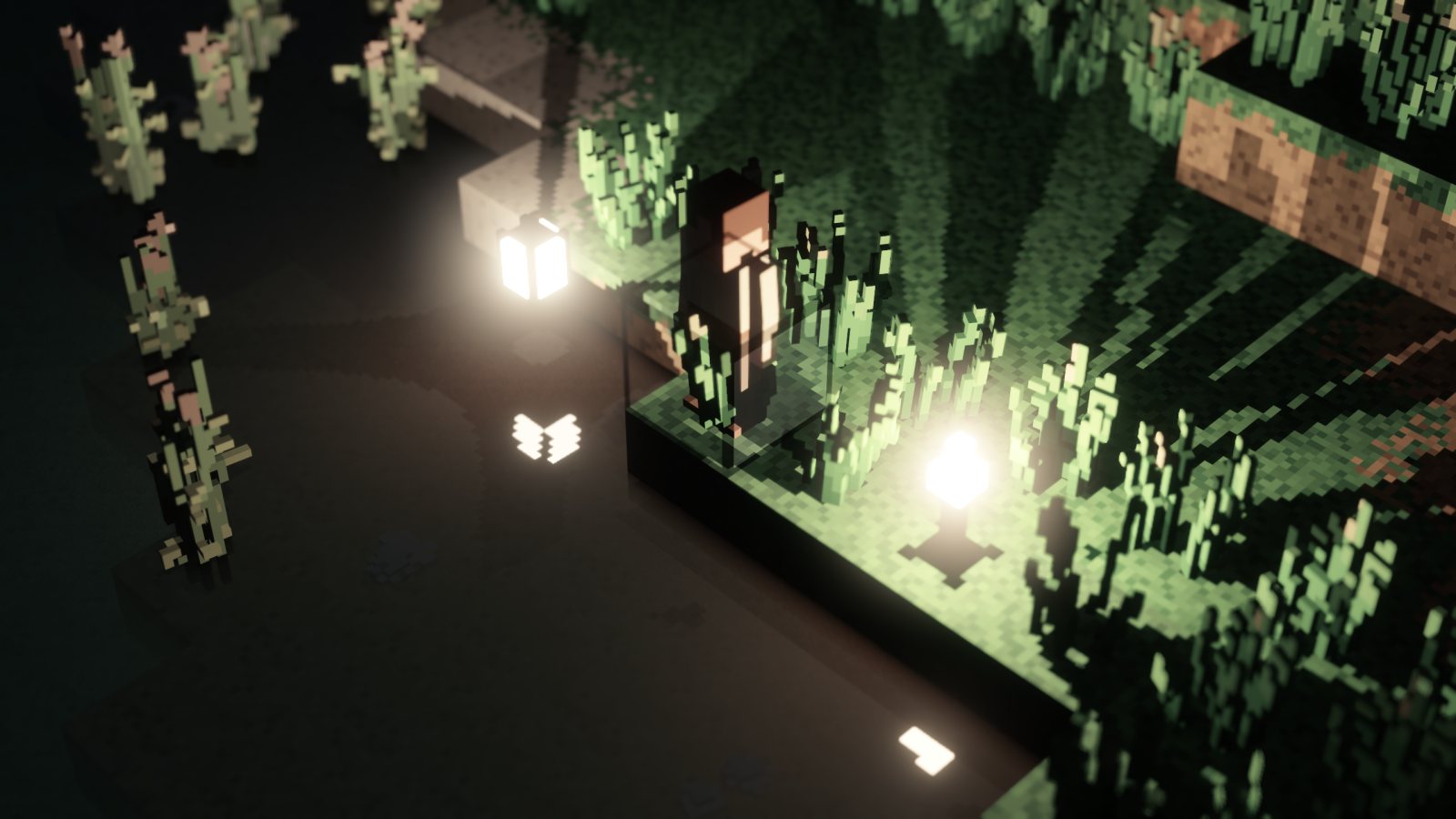 Night: a torch and a lantern throw warm light over grass while the land around stays black