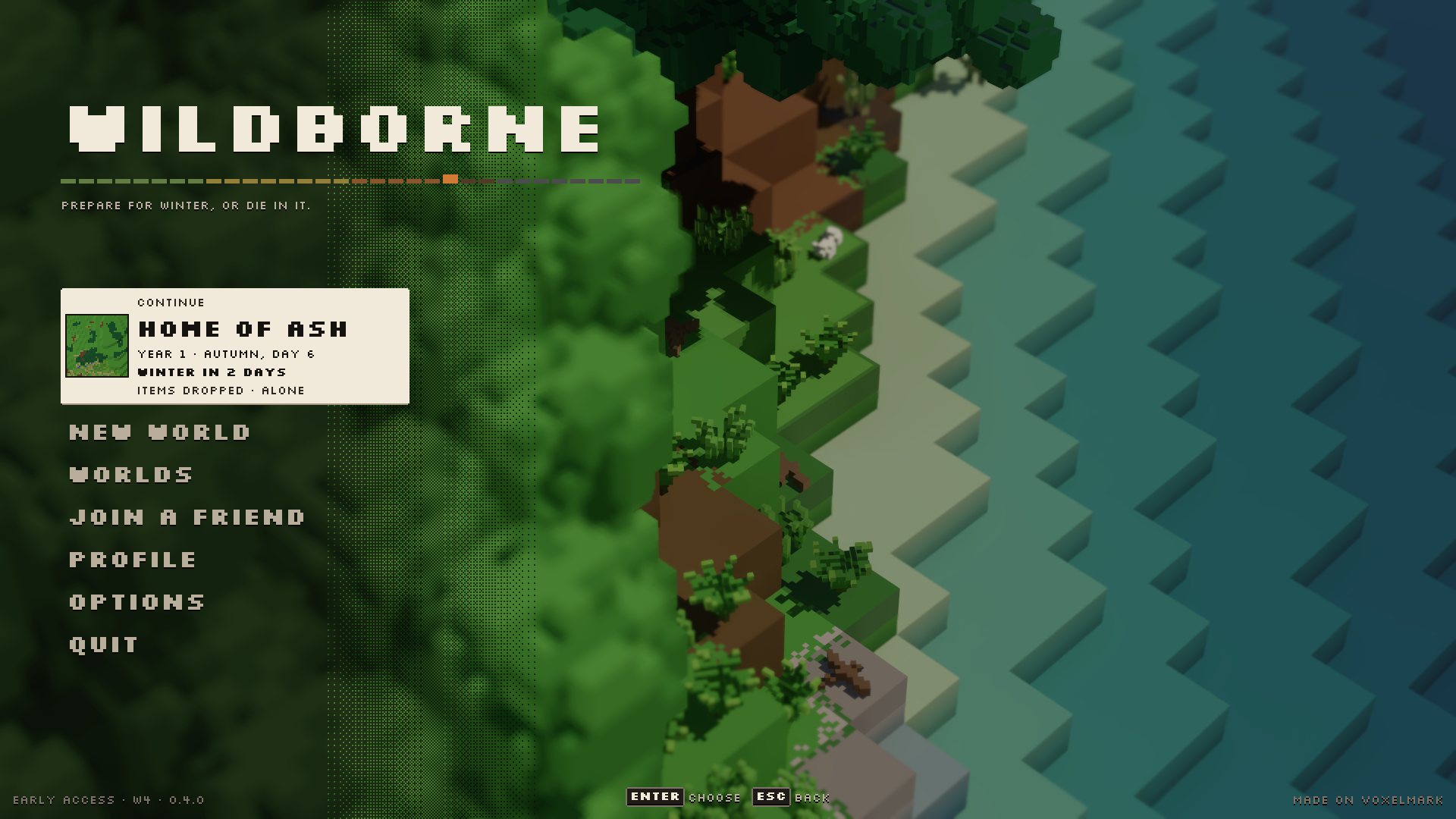 The title screen over home's lake shore